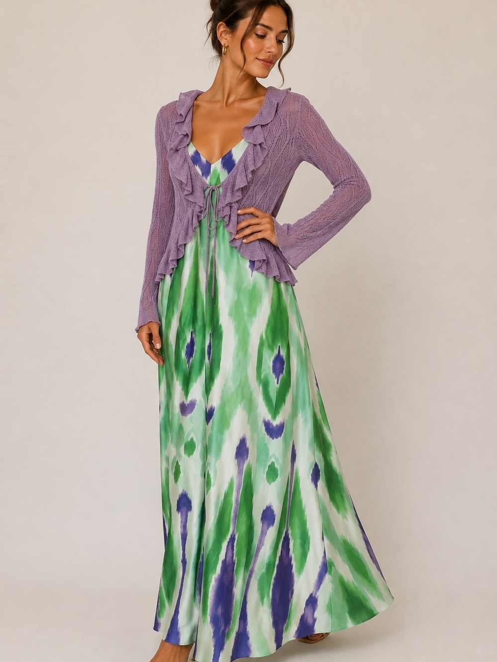 Mango Green & Purple Printed V-Neck Spaghetti Strap Maxi Dress And Cardigan